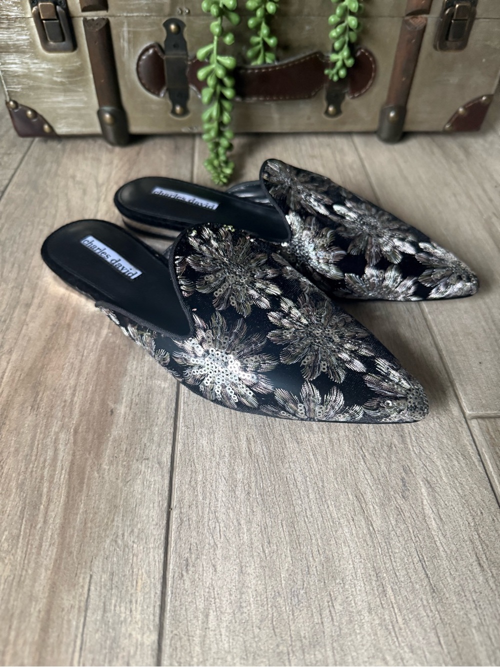 Charles David Willis Velvet Black/Silver Floral Embellished Pointed Mules New